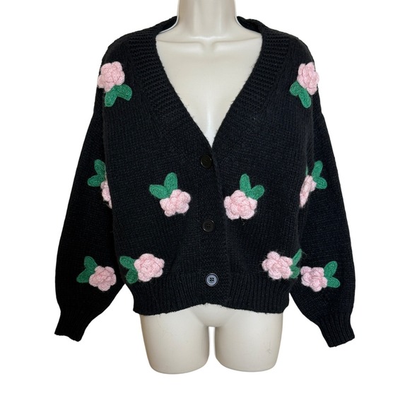 Sweet Republic Sweaters - Womens Cardigan Black Size S Applique Crochet 3D Pink Rose Grannycore Cottagecor